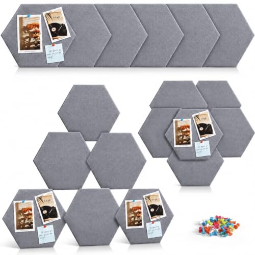 Image of Quiet Canvas Hexagon Pinboard, 1x1 ft, Pack of 8, 50 PushPins, (Grey)