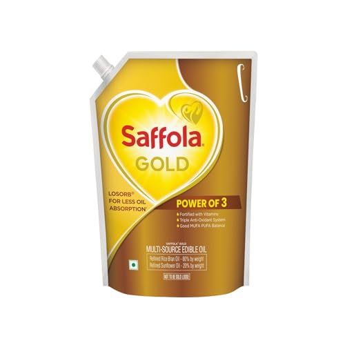 Image of Saffola Gold Refined Cooking oil | Power of 3 - Balance of Good Fats, Triple Anti-Oxidant System & Fortified with Vitamins | Multi-Source Edible Rice Bran & Sunflower Oil | 3 Litre Standee pouch