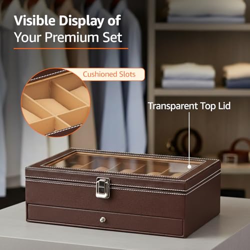 Image of Amazon Basics Sliding Drawer 12-Slot Watch and Jewelry Organizer - Faux Leather & MDF Storage Box for Men and Women, Brown