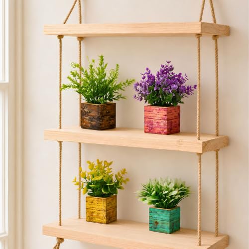 Image of fancymart Artificial Decorative Eucalyptus Plants with Colourful Small Wooden Pots, 14 cm Height for Indoor Home, Office, Table and Shelf Decoration, Pack of 4