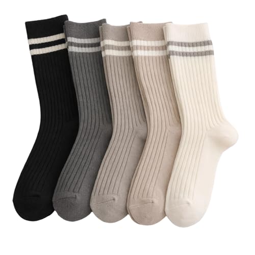 soxitoevy 5 Pack Striped Crew Socks for Women Soft Cotton Calf Socks