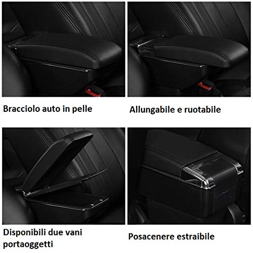 Bracciolo Auto Compatibile con Peugeot 2008 (2008-2019) - Poggia braccio per Auto in Pelle Nera con Posacenere, Vano Portaoggetti e Prolunga USB