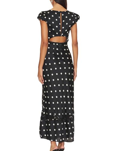 Image of Women Sexy Lace Patchwork Mesh Dress Floral Print Cutout Sweetheart Neck Backless Slit Summer Maxi Dress