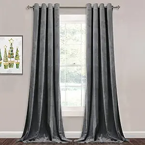 Linen Basics Velvet Grey Curtains for Living Room Long Light Blocking Velvet Curtain Panels Privacy Eyelet Panels Drapes for Bedroom/Sliding Glass - Pack of 2 PC, (Door 7 Feet) (Color-Grey), Cordless