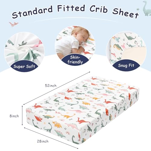 Image of Crib Bedding Set for Boys, Baby Crib Bedding Set 4 Piece, Baby Boy Nursery Bedding Set Including Comforter, Fitted Crib Sheet, Crib Skirt, Diaper Stacker, Blue Dinosaur