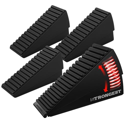 Image of STRONGEST HOME Stoppers for Bottom of Door - Heavy Duty Metal Rubber Door Stopper, Non-Slip Door Stop for Heavy Doors, Works on Wood, Tile & Carpet Floors, Folding Black 4 PC + 4 White Wall Protectors