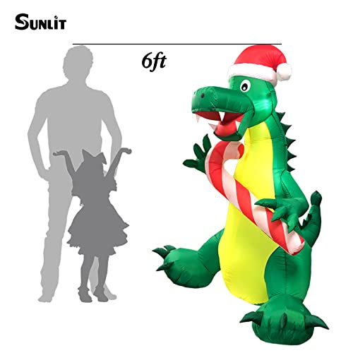 Sunlit 6 Ft Christmas Inflatable Air Blown Dinosaur With Blower And Adapter, Lighted For Home Yard Garden Lawn Indoor Porch Outdoor Decoration, Xmas Party, Green With Candy Cane #TOP1