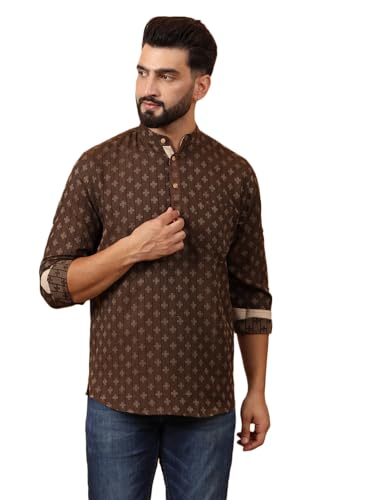 Image of LATEST CHIKAN Men's Cotton Regular Self Design Short Kurta Full Sleeves - Casual Ethnic Wear