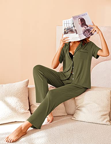 Image of Avidlove Women Pajamas Set Notch Collar Soft Sleepwear Pjs Short Sleeve Button Down Nightwear with Long Pants