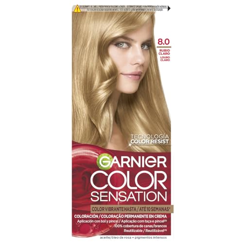 GARNIER - Pack 4 Color Sensation Tinte Permanente 8.0 Rubio Luminoso, Color Intenso y Brillo Espejo, Cobertura 100% de Canas con Aceites Florales