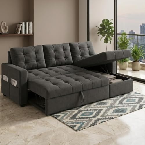 Image of CASASTYLE Sumur 4 Seater RHS L Shape Sofa with Pull Out Bed & Storage Lounger | Premium Soft Velvet Suede Fabric | Comfort Cushions | Ideal for Living Room, Hotel & Office (Dark Grey)