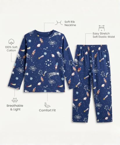 Image of ANTHRILO Pajama T-Shirt Set for Girls | Kids Night Suit for Girls | Nightwear | 100% Cotton Pyjama Set Solar System Fun Dreams Print Blue | Long Sleeve T-Shirt and Pajama | 12-13 Years