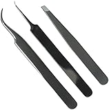 Tweezers for Eyelash Extensions - Set of 3 - Strong Grip, Stainless Steel, Tube Case. Needlepoint for Ingrown Hair, Eyebrow Shaping, Extractions. Great for Tiny Electronic Components