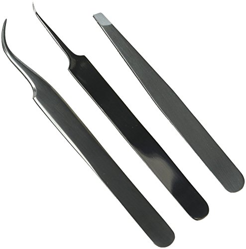 Tweezers for Eyelash Extensions - Set of 3 - Strong Grip, Stainless Steel, Tube Case. Needlepoint for Ingrown Hair, Eyebrow Shaping, Extractions. Great for Tiny Electronic Components