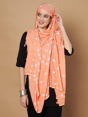 Image of Women's Cotton Rayon Bandhani Print Dupatta with Tassels 2.25 Meters | Women's cotton printed dupatta with tassels.