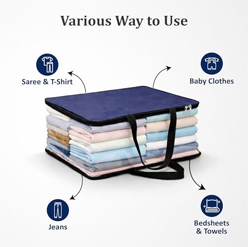 Image of CRASOME Pack of 5 Storage Bag for Saree Covers, Clothes, Lehenga, Bedsheets, Toys, Docs|Wardrobe Organizer|Transparent Window Storage Box Bag - (STB-MT-BLU-PACK-5)