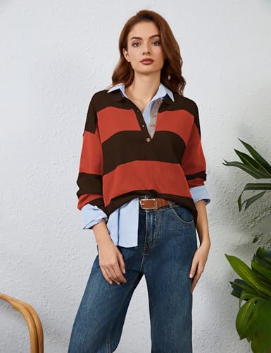 Image of Womens Striped Sweater Rugby Polo Shirts Y2k Collar Pullover Tops | Rugby Shirt,Long Sleeve Knit Top,Lapel V Neck Jumper,Oversized,Casual Outings Streetwear,Preppy Sweater,Fall Winter Clothes
