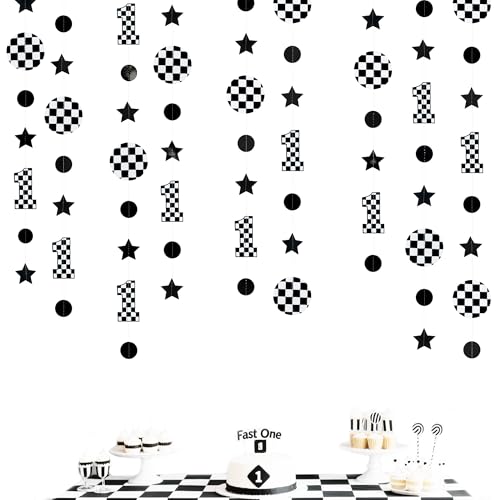 Image of Fast One Birthday Decorations Black White Checkered Polka Dot Star Hanging Garland Banner for Checkered Race Car First Lap Around the Track Bday Talladega Nights 1st Birthday Decorations Supplies
