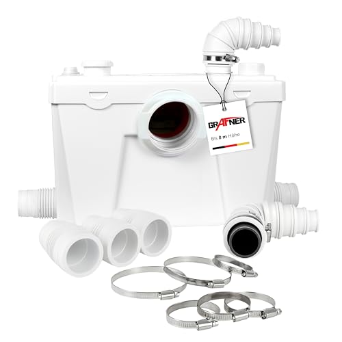 Grafner 4/1 Kleinhebeanlage 500W mit Häcksler & Aktivkohlefilter, Hebeanlage bis 8m Höhe, 4 Einlässe, 110L/min, Rückschlag, Abwasserhebeanlage WC, Dusche, Spüle, Keller Fäkalienhebeanlage