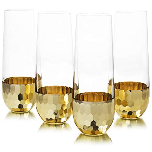 Mygift Modern Stemless Champagne Flute Glass Set Of 4 Party Drinkware, Cocktails Prosecco Mimosa Glasses With Hammered Brass Plated Bottoms #TOP5
