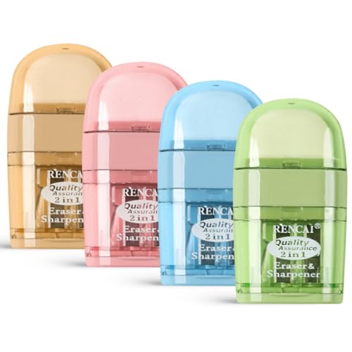 BOBOZHONG Manual 4 Pack Pencil Sharpener with Eraser 2-in-1 Pencil Sharpener with Rubber for Kids Adults Student School Home Office Supplies