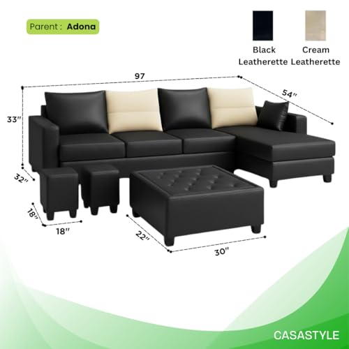 Image of CASASTYLE Texon 8 Seater Leatherette RHS L Shape Sofa Set with 1 Centre Table & 2 Puffy (Black) Premium Finish Comfortable Sectional Sofa Set