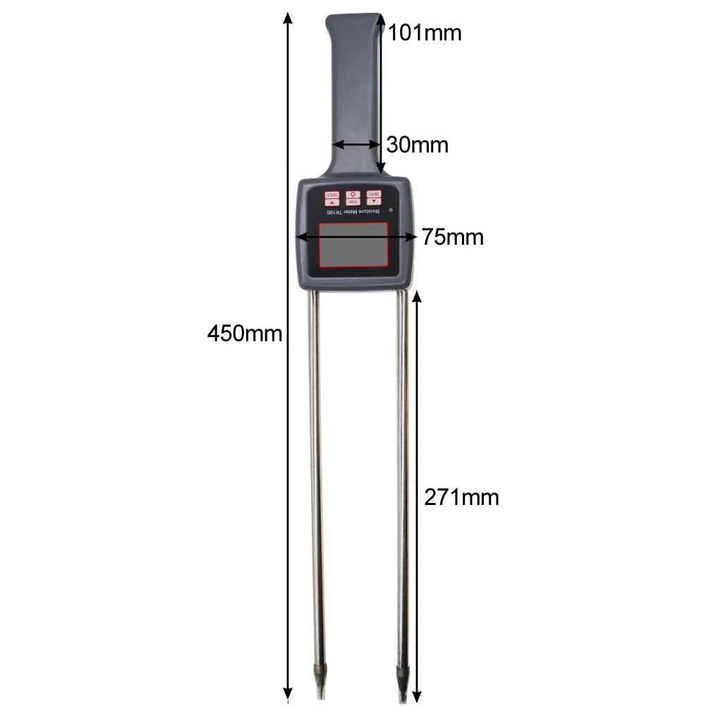 Digitales Feuchtigkeitsmessgerät für Heu und Getreide mit LCD-Display mit Hintergrundbeleuchtung, tragbarer Multifunktionstester mit 450-mm-Sonde, kompatibel mit Alfalfa-Obstgartengras und Schafgras