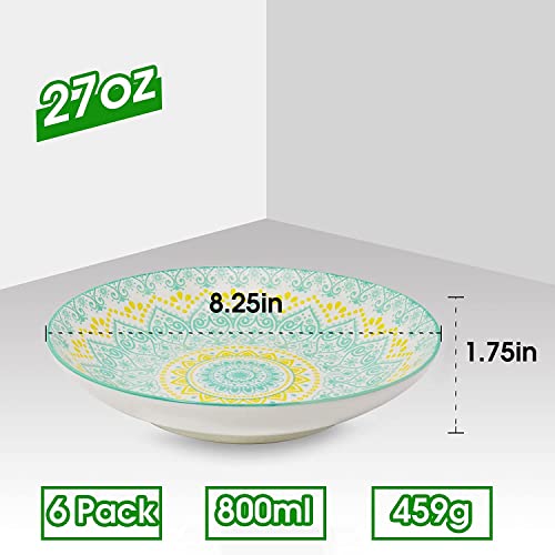 Farielyn-X Large Salad Pasta Bowls Set Of 6, Wide And Shallow Porcelain Dinner Bowl/Dishes, 27 Oz Assorted Patterns Serving Plates And Bowls For Pasta, Salad, Cereal, Soup, Microwave & Dishwasher Safe #TOP6