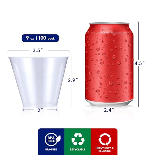 JOLLY CHEF 9 oz Clear Disposable Plastic Cups, 100 Pack Clear Plastic Cups Tumblers, Heavy-duty Party Glasses, Disposable Cups for Thanksgiving, Halloween, Christmas Party