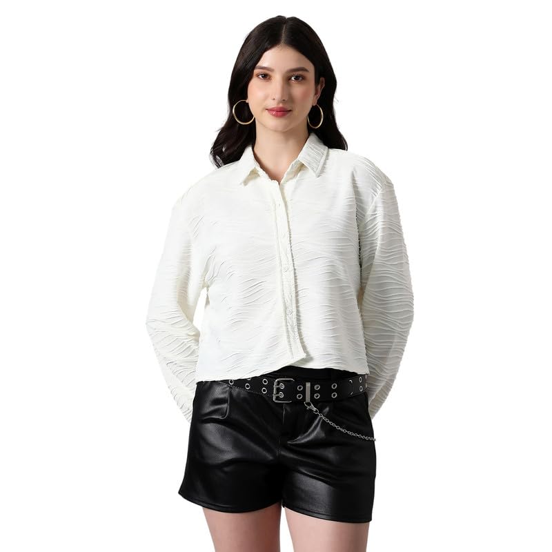 pinacolada Women's Shirt | Spread Collar, Long Single-Button Cuff Sleeves, Button Closure | Solid Textured | Woven Shirt for Casual Cream White-picture-46