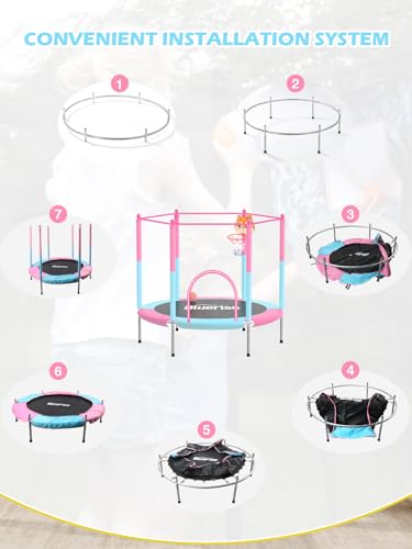 Image of BLUERISE 55IN 6FT Indoor /Outdoor Toddler Trampoline for Kids | Galvanized Steel Pipe,Multiple Activity Accessories,110lb,Safety Enclosure,Basketball Hoop,No-Gap Design,Anti-Rollover Bottom
