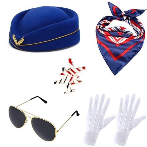 RRMMNIU Flight Attendant Costume Accessories Set, Hat, Scarf, Sunglasses, White Gloves, Airplane Pin Air Hostess Cosplay Halloween (Blue)