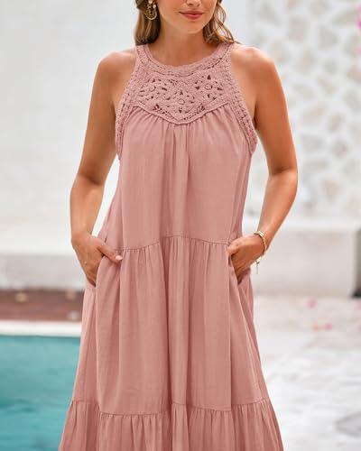 Image of BTFBM Halter Summer Dresses for Women 2026 Casual Spring Hollow Out Sleeveless Boho Sundresses Beach Vacation Maxi Dress