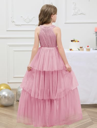 Girls Sequin Dress Formal Pageant Sparkle Three Layer Mesh Halter Dress Special Occasion Dress Size 5-14Y4