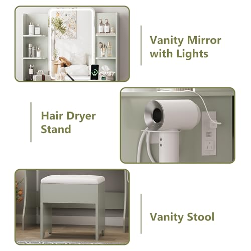Image of Small Vanity Desk with Mirror and Lights, Makeup Vanity with LED Lights, Green Vanity Mirror with Lighted Desk and Chair, 3 Lighting Adjustable Compact Dressing Table with Mirror for Women, Girls
