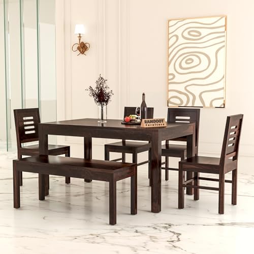 Solid Sheesham Wood Dining Table Set 6 Seater | Six Seater Dining Table 6 Seater with 4 Chairs & 1 Bench for Living Room | 6 Seater Dining Set for Hotel and Restaurant | Walnut