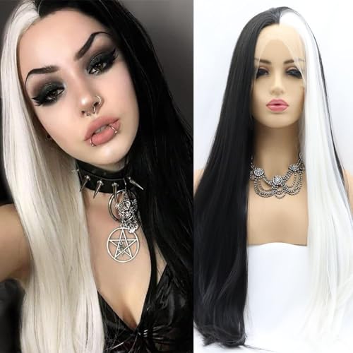 Perruque blanche synthétique raide Xiweiya cheveux bicolores lace front 13x3