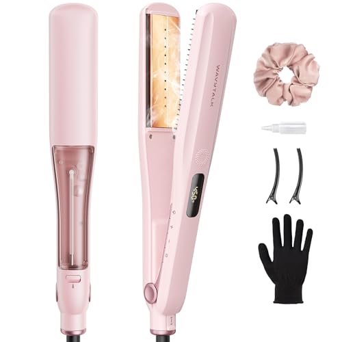 Wavytalk Steam Sesh Hair Straightener, Steam Reduces Damage, Nourishes Hair, and Expedites Straightening, 1.38'' Nano Titanium Flat Iron with Detachable Comb for Silk Press Smoothing & Blowout, Pink