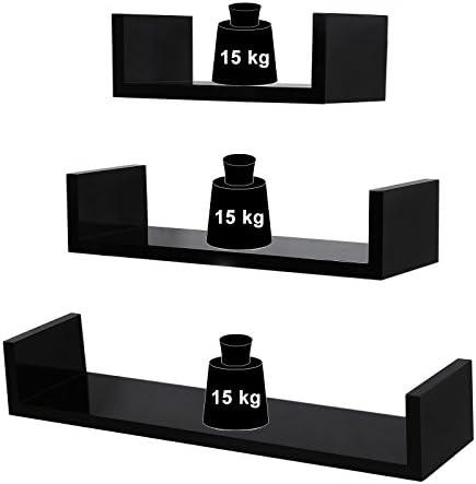 SONGMICS Set of 3 Wall Shelves, Floating Shelves, 30, 45, 60 cm, Glossy Finish, Decorative, Creative, for Bedroom Living Room Kitchen Corridor, Max. Load 15 kg, Black LWS66B