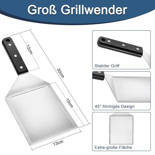 Herogo Grillspachtel Set, 2 Stück Edelstahl Plancha Spachtels und Groß Grillwender für Smash Burger, Teppanyaki, BBQ Zubehör, Grill Geschenke für Männer, Spülmaschinenfest - ABS Kunststoffgriff