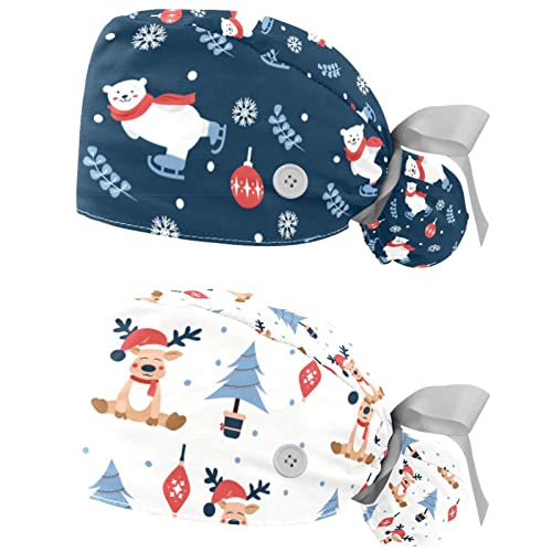 2 Packs Surgery Cap with Sweatband Breathable Bouffant Hats Long Hair Adjustable Nurse Scrub Caps Christmas Pola Bear Snowflake Bell