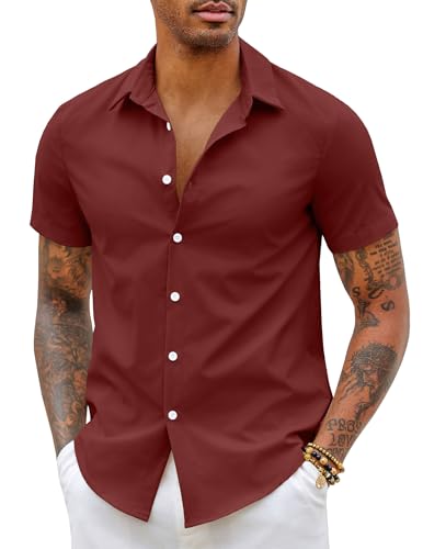 COOFANDY Camisa Manga Corta Hombre Delgada Verano Regular Fit Casual Shirts Camisas Vestir Negocios Fácil Planchado Top Básica Rojo Vino S
