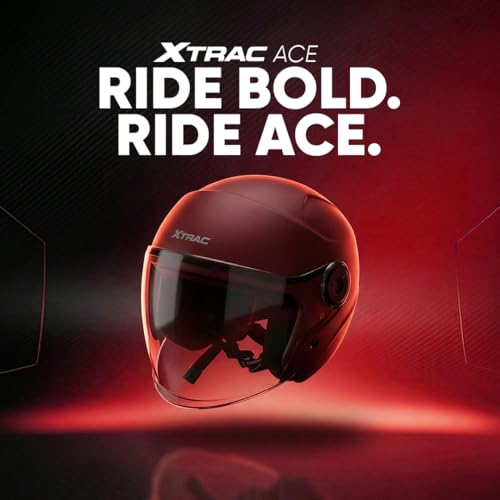 Image of Xtrac Ace ISI Certified Open Face Helmet for Men & Women | Half Face Bike Helmet with Scratch-Resistant Clear Visor | Lightweight ABS Shell | Quick Release Buckle | Wine Red - L