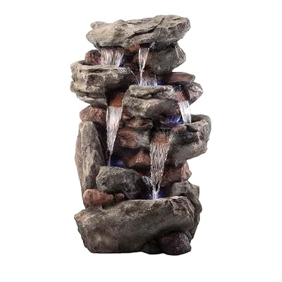 Alpine Corporation WIN730 Outdoor Floor Tiered Rock Waterfall Fountain with LED Lights and Natural Stone Look, 52", Brown