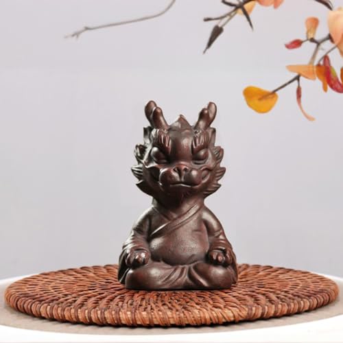 Hormsdar Hand-Made Purple Clay Dragon Man Tea Pet Cute Lucky Statue Kung Fu Tea Tray Decor Tea Lover's Gift Home Office Desk Feng Shui Ornament (Mediation)