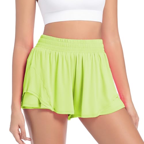 Athletic Running Shorts for Women High Waisted Flowy Shorts Butterfly Summer Gym Workout Golf Active Tennis Skorts(Neon Green Large)