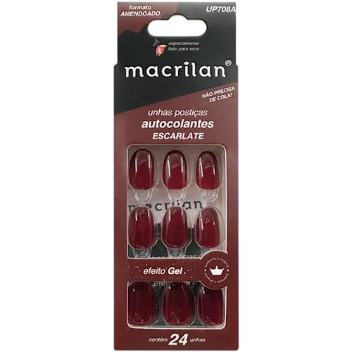 Macrilan Unhas Postiças Formato Amendoado Com Adesivo - Escarlate - Plástico Abs Up708A -