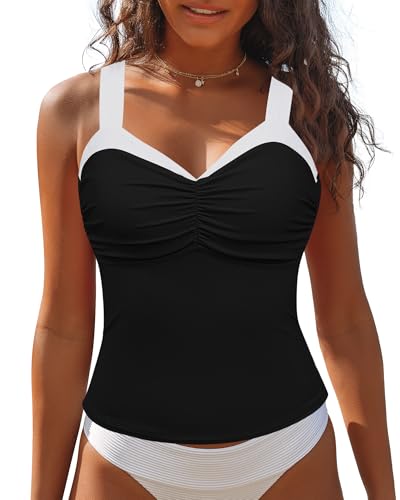 GRAPENT Tankini Tops for Women Colorblock Ruched Swimsuits Beach Padded Adjustable Straps Modest Swimwear Swim Tops Only