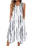 Zeagoo Vestidos casuales de verano para mujer, vestido de playa midi con vuelo, vestido de verano con dobladillo de pañuelo con bolsillos 2025, Blanco, M