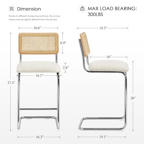 Image of Zesthouse Natural Rattan Counter Stools Set of 4, 26'' Mid Century Modern Counter Height Barstools with Solid Wood Back & Cane Mesh, Upholstered White Boucle Bar Stools for Kitchen Island, Chrome Base